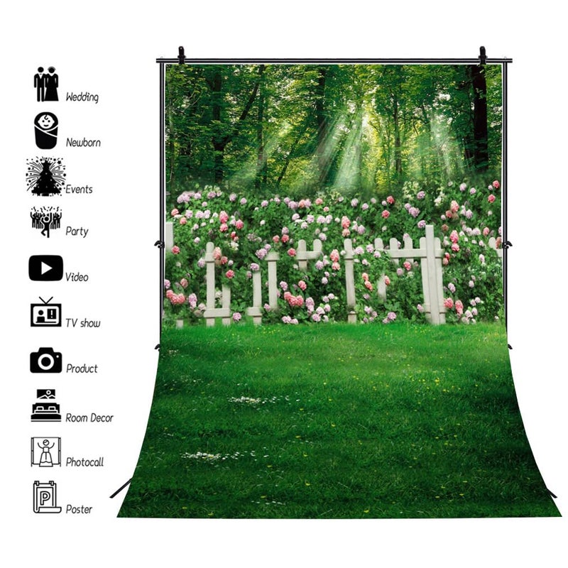 AOFOTO 5x7ft Romantic Garden Photography Studio Background Wedding Backdrop Spring Flowers Fence Meadow Grassland Girl Lovers Baby Kid Toddler Artistic Portrait Forest Photoshoot Props Video Drape - Image 2